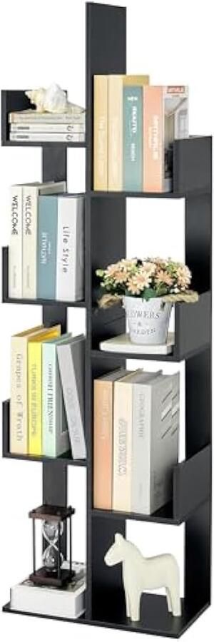 Houten 8-laags boekenkast vrijstaande boekenplank met wieltjes inklapbaar voor slaapkamer – zwart