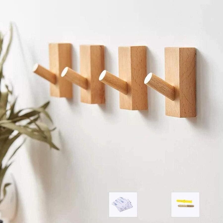 Houten Adhesive Wall Hooks Kapstok van hout Vintage decoratieve haken Organiser voor hoeden en handdoeken Set van 8 (Kersenhout rechthoek)