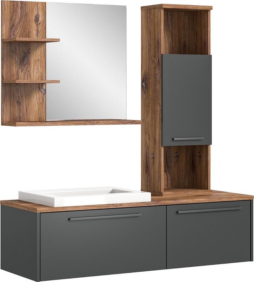 Rootz Living Rootz Houten Badkamermeubelset Grijze Vanity Badkamersuite Duurzaam FSC Gecertificeerd 140cm x 45cm x 60cm