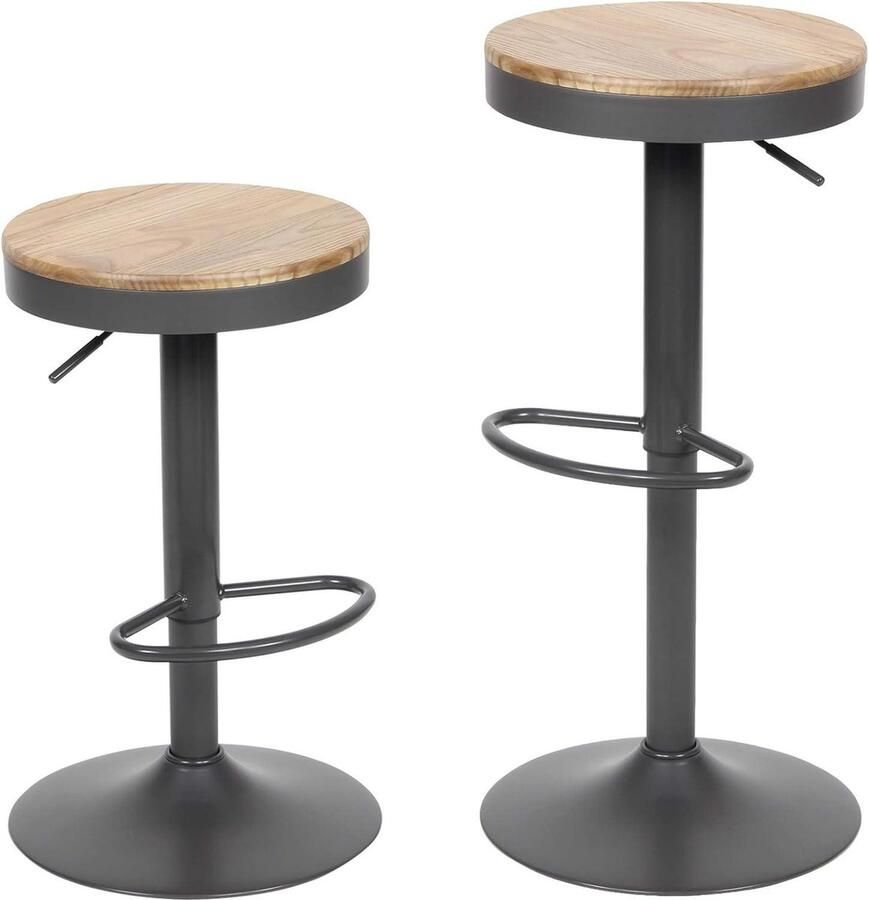 Houten barkrukken in hoogte verstelbaar keuken en ontbijt met rugleuning vintage barstoel rustiek design draaibaar tuin capaciteit 180 kg donkergrijs set van 2 Barkruk