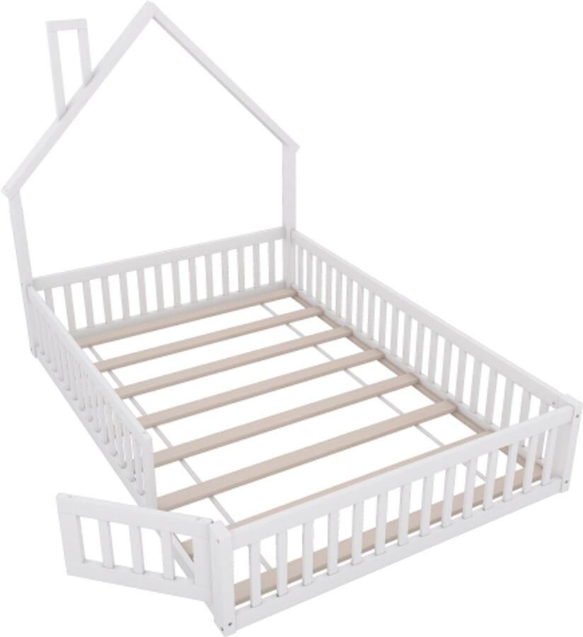 GOTAGEE Houten bed 140 x 200 cm kinderbed met schoorsteenvorm bed met lattenbodem (zonder matras) grenenhout minimalistische stijl wit