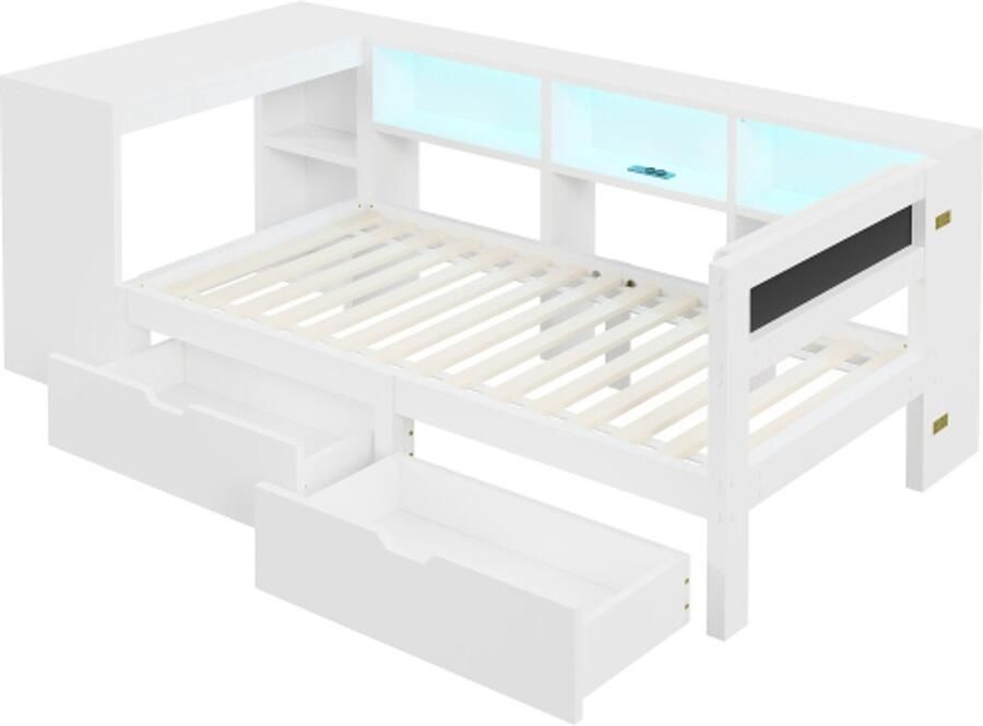 Houten bed 90x200cm Slaapbank met opbergruimte lades oplaadstation en hoofdeinde met kleurrijke ledverlichting wit