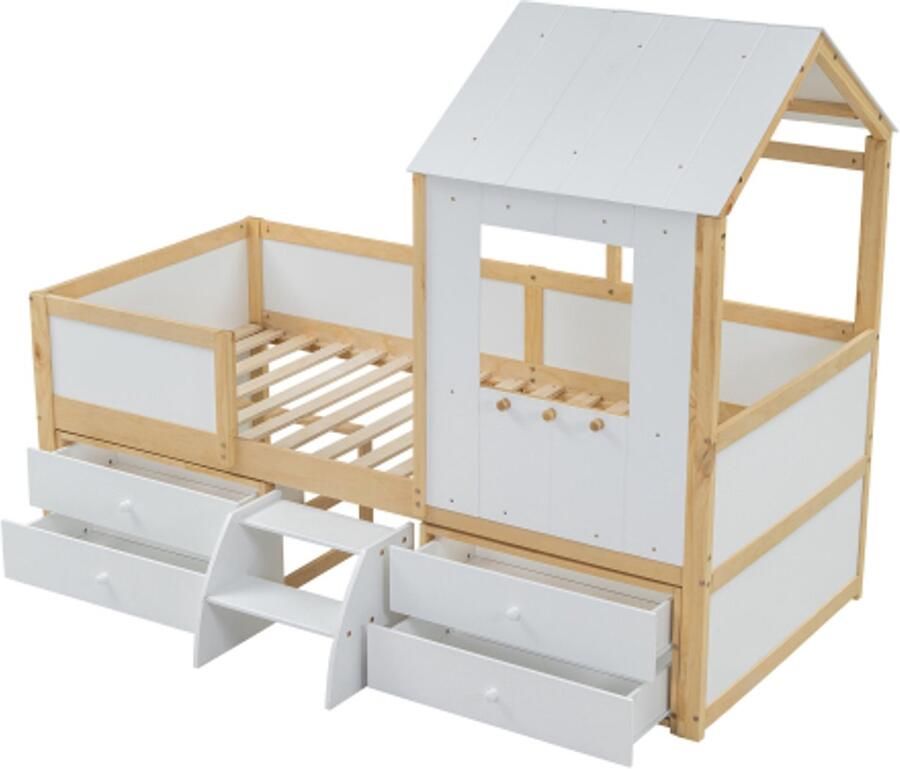 Houten Bed 90x200cm Zonder Matras Kinderbed Wit+Natuur Kiefer+MDF+Multiplex Halfhoog Huisbed Met Dak Ramen Vierzijdige Hekken 4 Laden En Kleine Trap