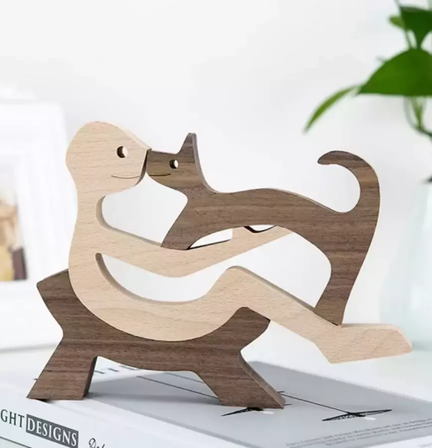 Houten beeldje Natuurlijk hout Beeld Decoratief Hout Man Hond – Stoel A03