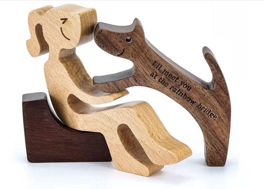 Houten beeldje Natuurlijk hout Beeld Decoratief Hout Vrouw Hond Stoel X12
