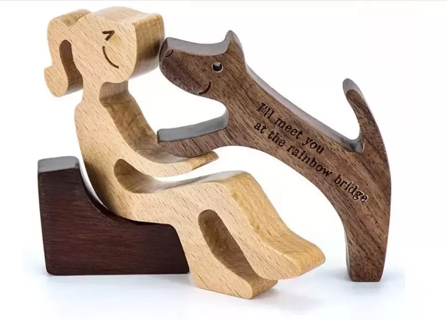 Houten beeldje Natuurlijk hout Beeld Decoratief Hout Vrouw Hond Stoel X12