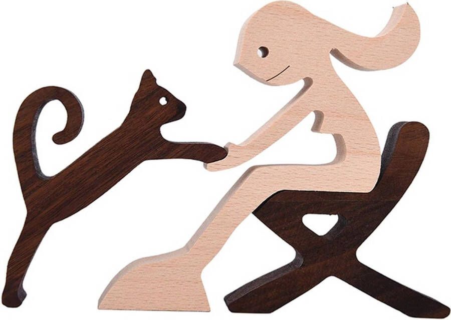 Houten beeldje Natuurlijk hout Beeld Decoratief Hout Vrouw Kat Stoel B12