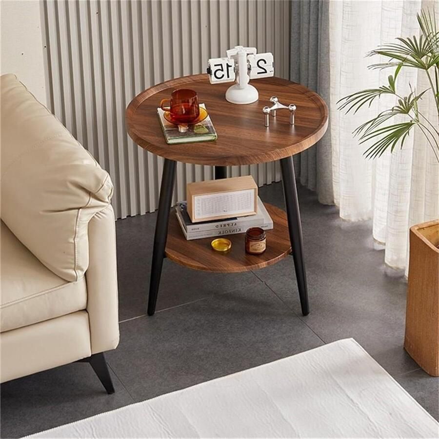 Houten bijzettafel 2 niveaus met opbergruimte Ronde salontafel woonkamertafel Nachtkastje slaapkamer H x D 48 x 40 cm