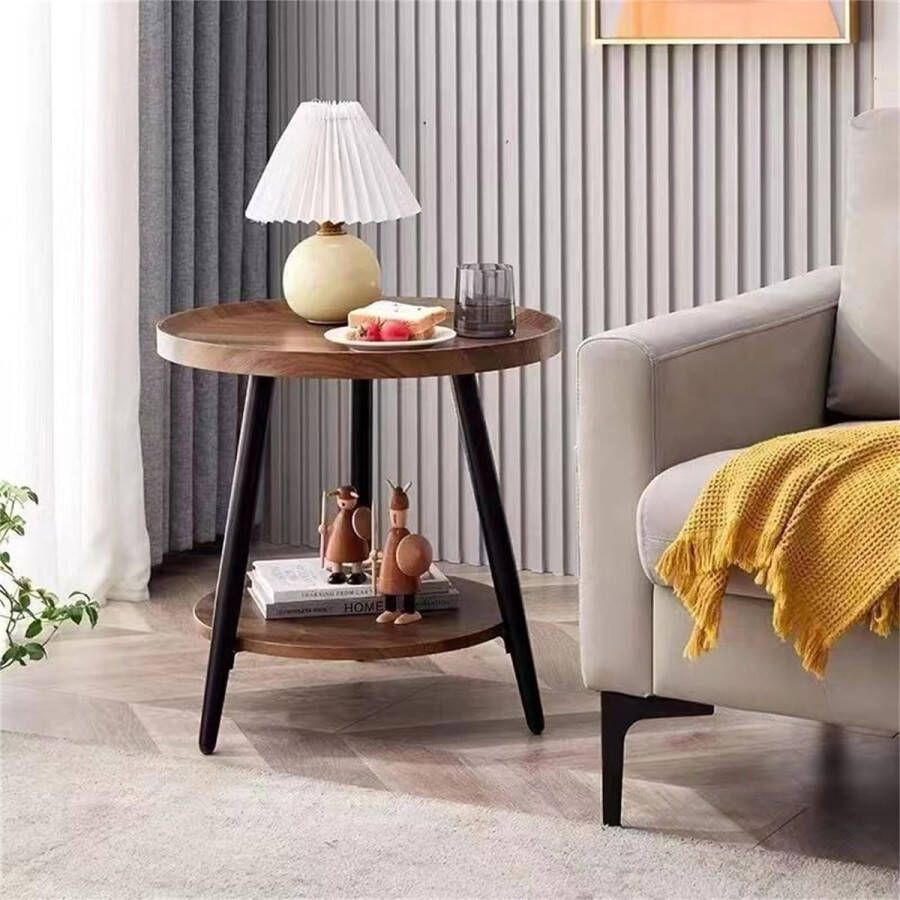 Houten bijzettafel 2 niveaus ronde salontafel met opbergruimte salontafel rond woonkamertafel nachtkastje voor kleine ruimtes bijzettafel voor woonkamer slaapkamer H x D 48 x40cm