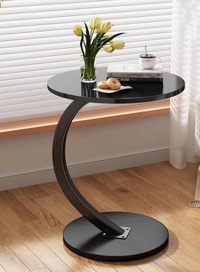 Houten Bijzettafel C-vormige steun geschikt voor woonkamer kantoor 1 stuk zwart walnoot diameter 40cm hoogte 60cm