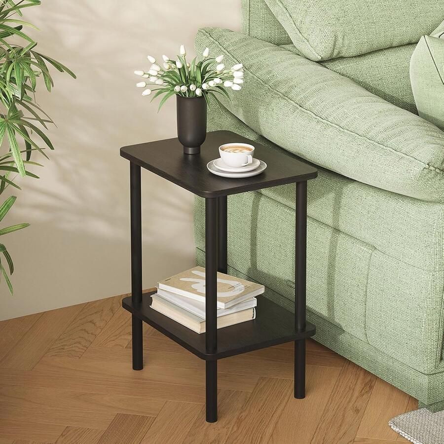 Houten Bijzettafel met 2 Niveaus en Opbergruimte Smal en Stijlvol voor Woonkamer Slaapkamer en Balkon