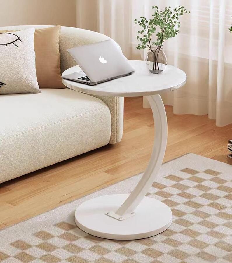 Houten bijzettafel met C-vormige steun bijzettafel voor woonkamer kantoor ronde salontafel walnoot tafelblad diameter 40 cm hoogte 60cm wit