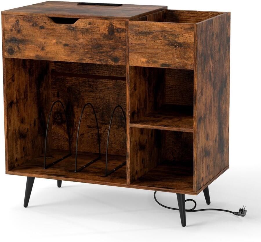 Houten bijzettafel met ingebouwde verlengkabel – 3 ladeverdelers en anti-kantelset – Rustiek bruin