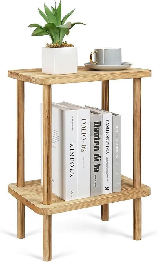 Houten Bijzettafel met Opbergrek 2 Verdiepingen 40 x 26 x 55 cm Kleine Salontafel voor Woonkamer Slaapkamer Balkon en Kantoor