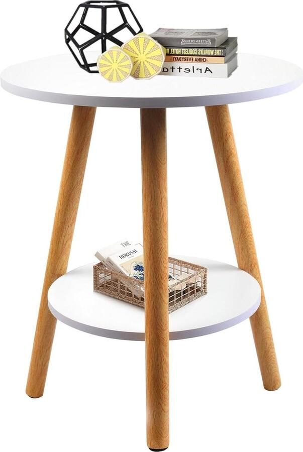 Houten Bijzettafel Met Opbergrek Moderne Ronde Salontafel Kleine Warm Wit Bijzettafel Slaapkamer Keuken 40 x 40 x 52 cm