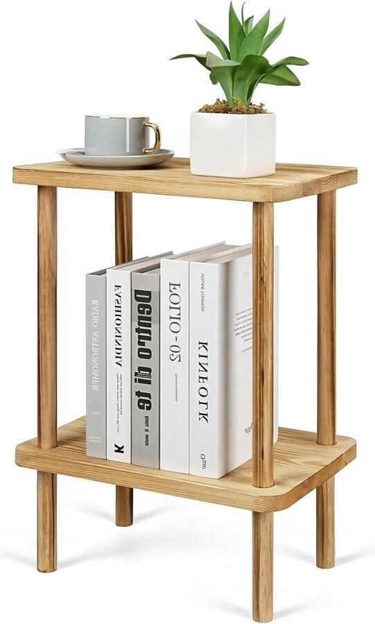 Houten Bijzettafel met Opbergrek Vintage Stijl 2 Verdiepingen Nachtkastje 40 x 26 x 55 cm Kleine Salontafel Voor Slaapkamer Woonkamer Balkon Kantoor Keuken Moderne Kleine Tafel Bijzettafel