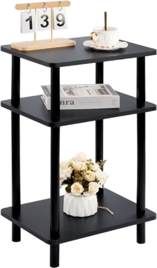 Retadou Houten bijzettafel nachtkastje met 3 niveaus 40 x 30 x 70 cm salontafel banktafel nachtkastje voor slaapkamer woonkamer modern design eenvoudige installatie zwart
