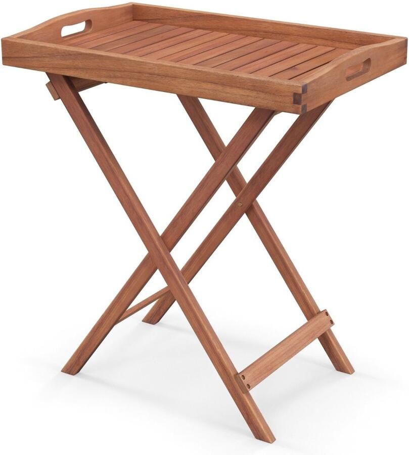 Houten bijzettafel – Opklapbaar model met afneembaar theeblad en stevig X-vormig frame – Voor thuis of zwembad