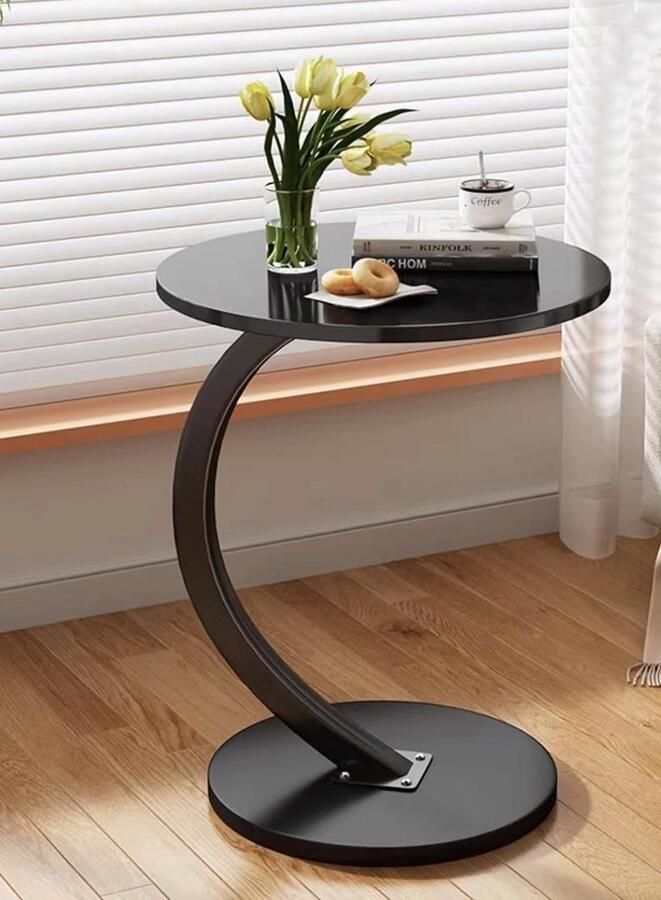 Houten Bijzettafel Zwart C-vormige steun Woonkamer Kantoor Ronde Salontafel Walnoot Tafelblad Diameter 40cm Hoogte 60cm