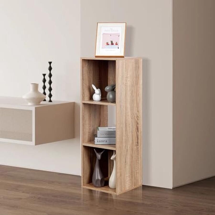 Houten Boekenkast 3 Laags Eiken Kubusvormige Opbergplank voor Woonkamer en Slaapkamer
