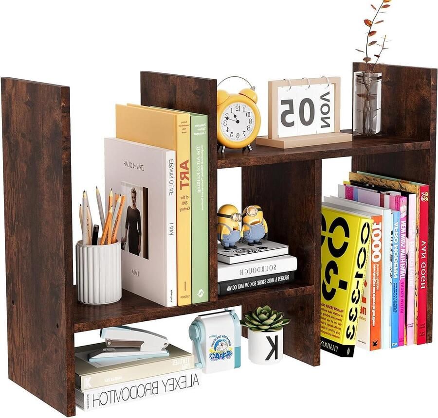 Houten boekenkast en verstelbaar bureau voor thuis en kantoor Tafelorganizer voor school en studio in bruin. Met 3 schappen
