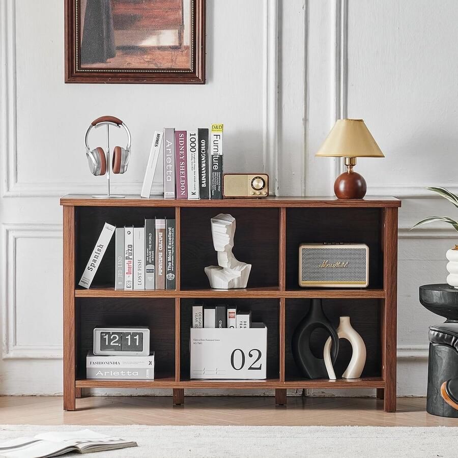 Houten boekenkast met 6 vakken bruin staand rek multifunctionele open kast vloerplaatsing boerderijstijl TV-kast of stijlvolle opberger voor woonkamer kantoor en slaapkamer