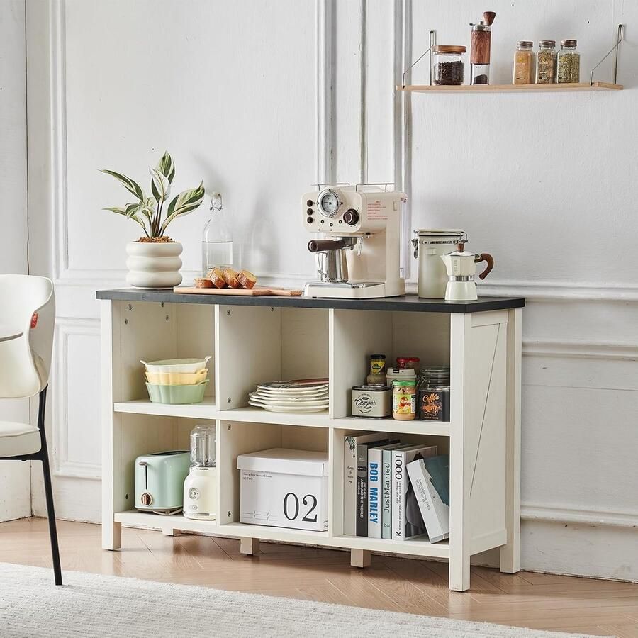 Houten boekenkast met 6 vakken wit staand rek multifunctionele open kast vloerplaatsing boerderijstijl TV-kast of stijlvolle opberger voor woonkamer kantoor en slaapkamer