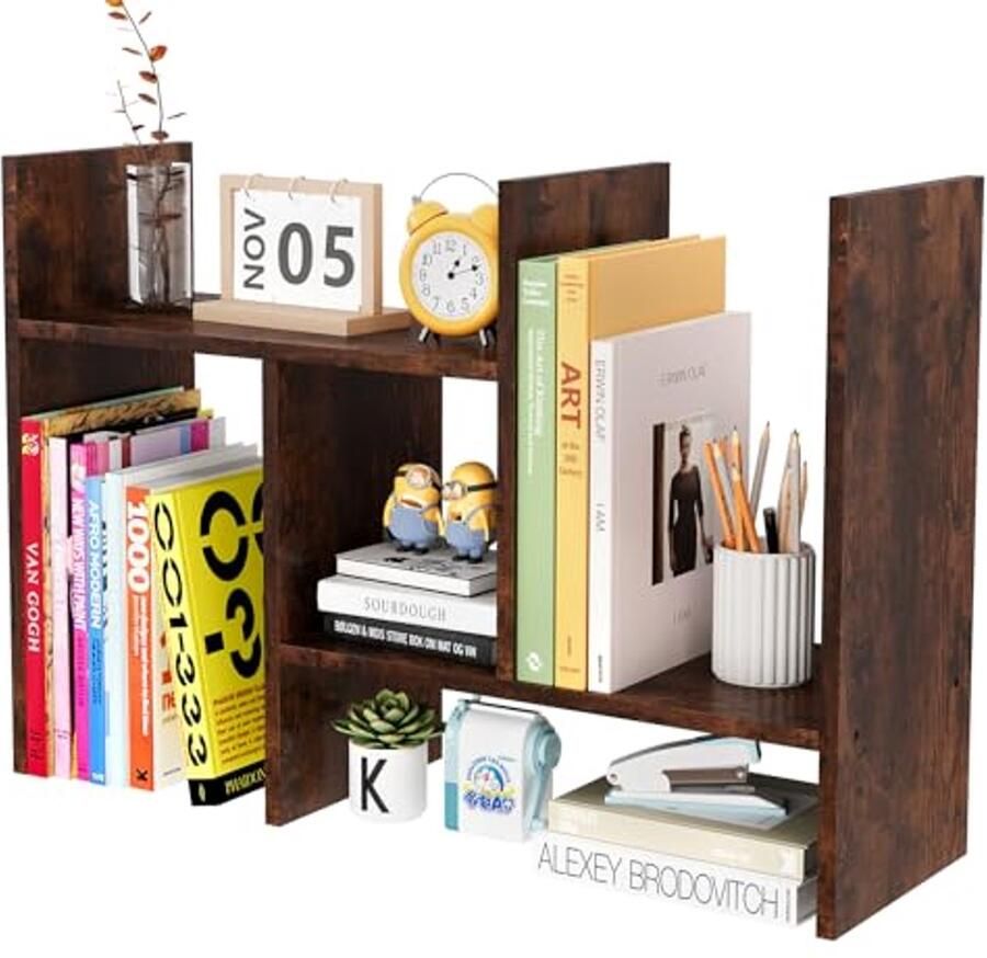 Houten Boekenkast Verstelbare Desk Organiser voor Thuis Kantoor School en Studio Bruin