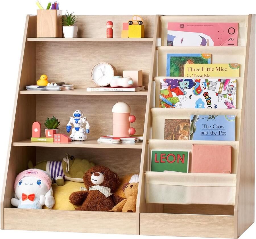 Houten Boekenplank met 4 Niveaus voor Kinderen Ruimtebesparend Boekenkast voor Speelgoed en Boeken