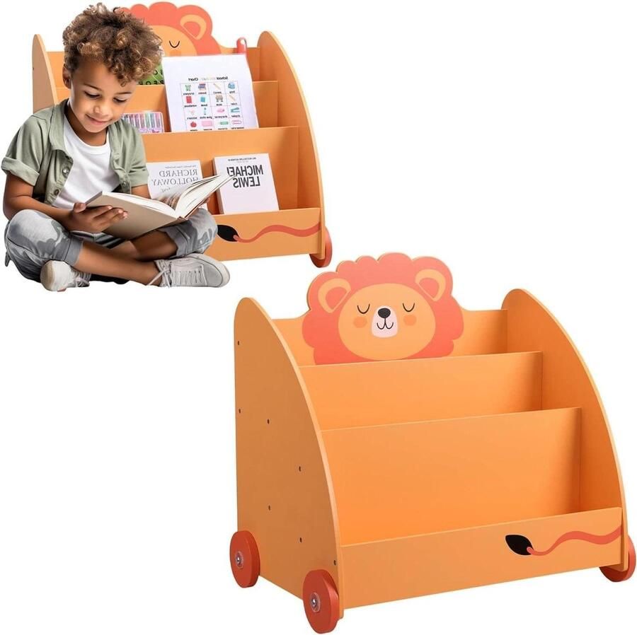 Houten Boekenrek Kinder Boekenkast met Wieltjes Montessori Speelgoed Organizer voor Boeken Oranje Leeuw 60 x 58 x 40 cm