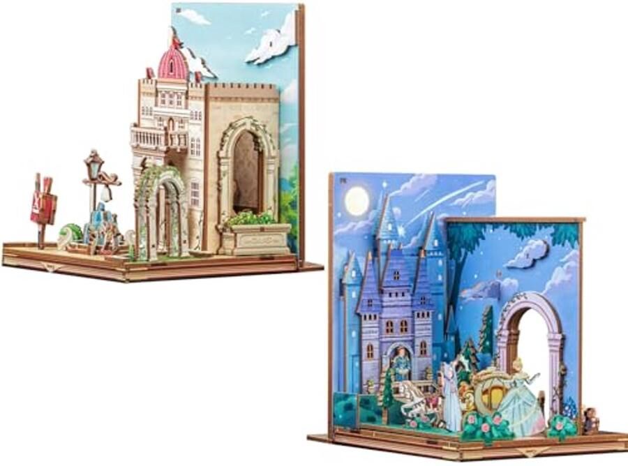 Houten Boeksteunen DIY Miniatuur Decoratieve Boeksteunen voor Bureau Set van 2 (Sprookjestown)