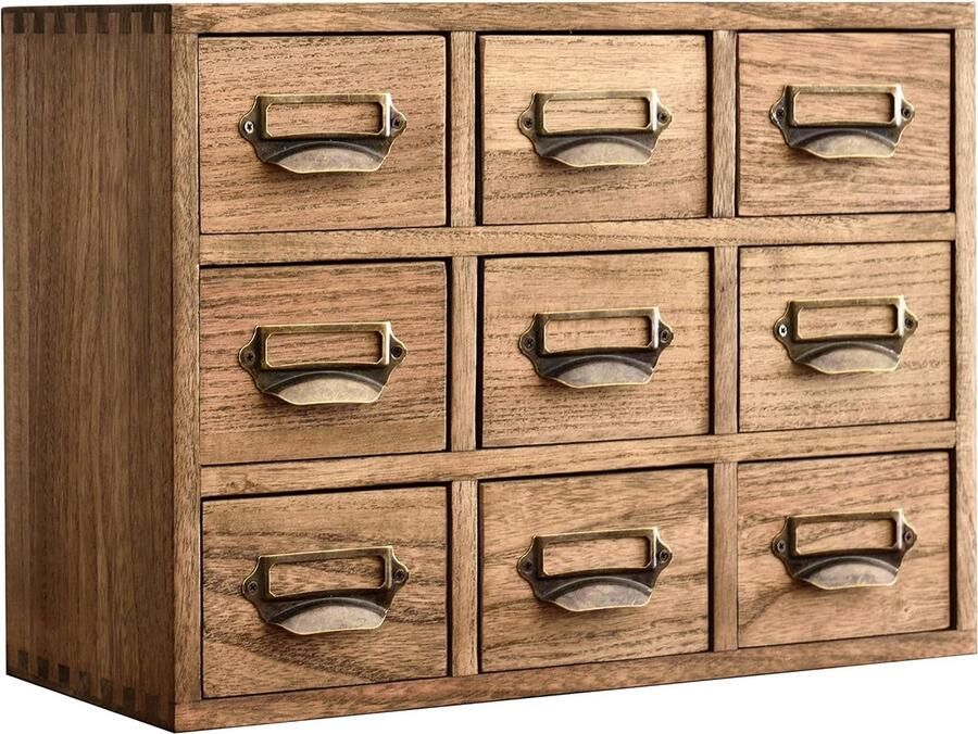 Houten bureau opbergkast 9 laden mini-commode met metalen handgrepen desktop-organizer opbergdoos voor thuiskantoor donkerbruin