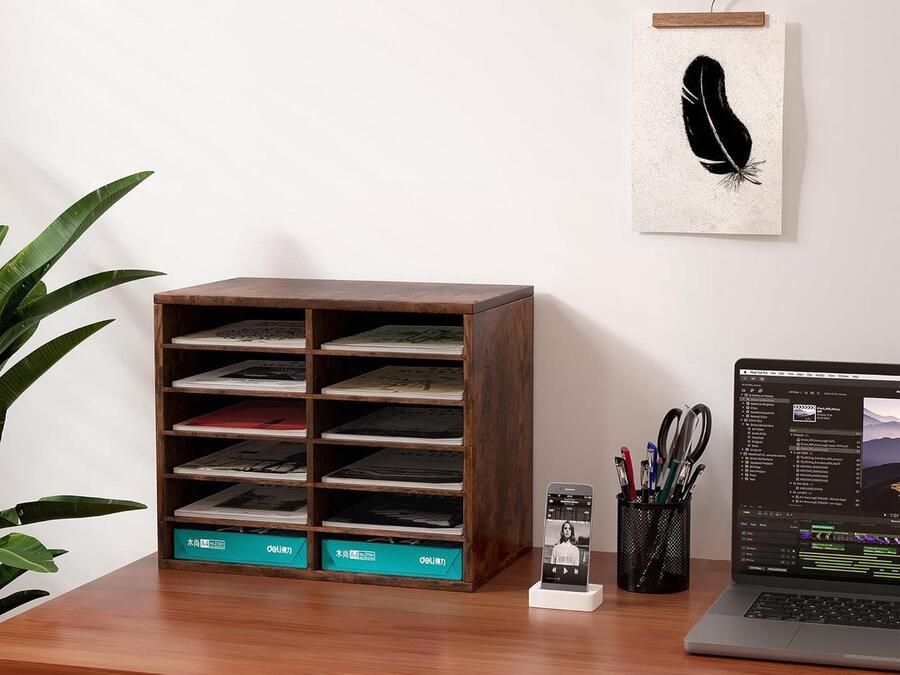 Houten Bureau Organizer met 12 compartimenten Opbergbox voor Post en Tijdschriften Bruin 490x408x307mm