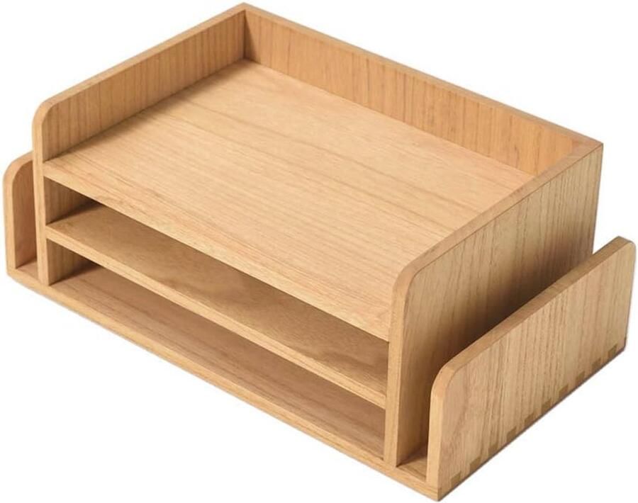 Houten Bureau-organizer met 3 Niveaus en Telefoonhouder Ruimtebesparende Desk Organizer voor Documenten en Kantoorbenodigdheden
