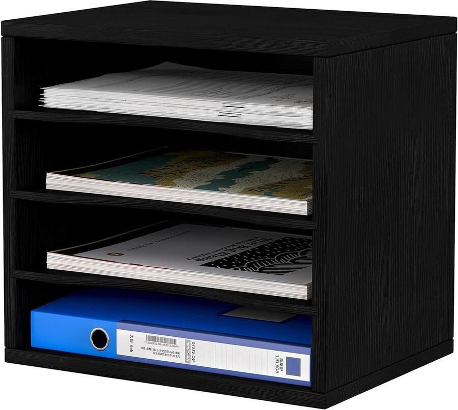 Houten Bureau Organizer met 4 Compartimenten voor Documenten en Tijdschriften Zwart Opbergrek voor Papier en Magazines