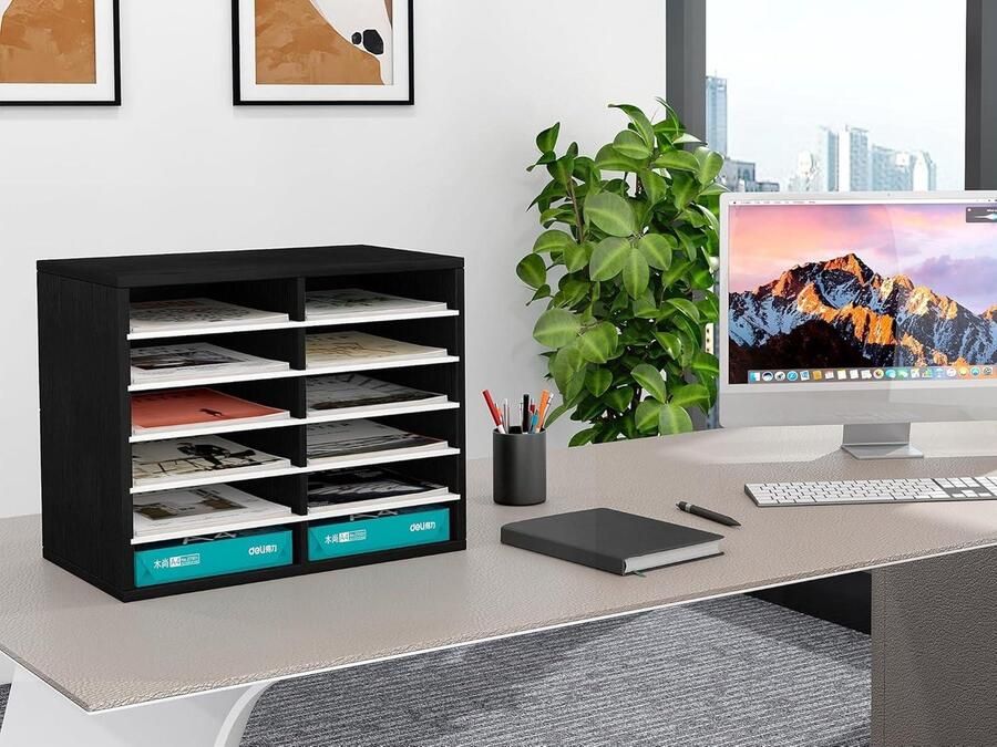 Houten Bureau Organizer met 6 Tiers en 12 Compartimenten Kantooropberger voor Papier en Tijdschriften Zwart Houten Archief- en Documentenrek