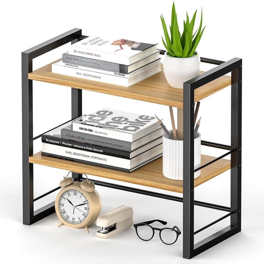 Houten bureau plank organizer praktisch en stylish zwart 2 lagen