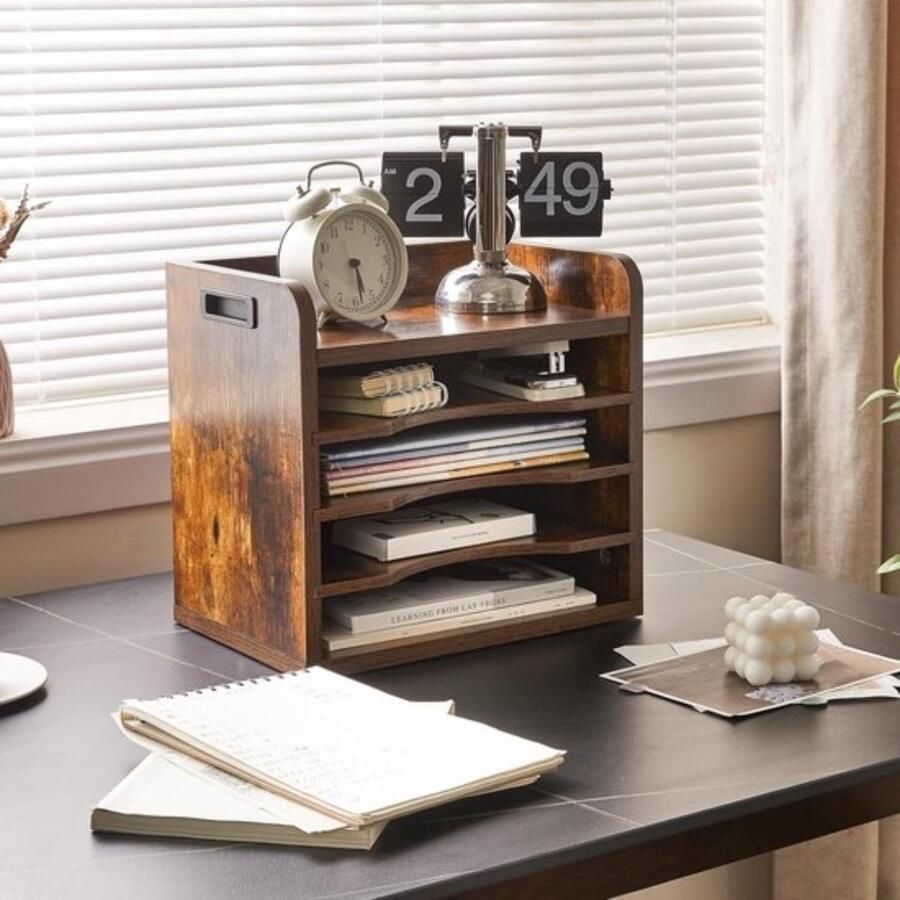 Houten bureaublad 4 niveaus in het vak A4-formaat archiefhouder magazijn organizer papieropslag kantoor bureau netjes aktenhouder rek bruin - Foto 2