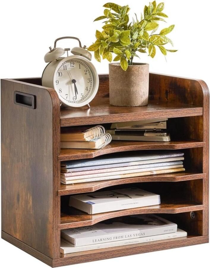Houten bureaublad 4 niveaus in het vak A4-formaat archiefhouder magazijn organizer papieropslag kantoor bureau netjes aktenhouder rek bruin