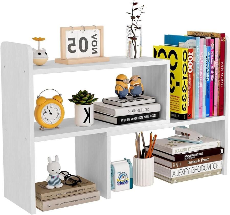 Houten bureauplanken met verstelbare desktop Boekenplank voor thuis en kantoor Wit Ruimtebesparende opslag en display organizer met opgeruimde bureau Scandinavisch design Duurzaam houtmateriaal