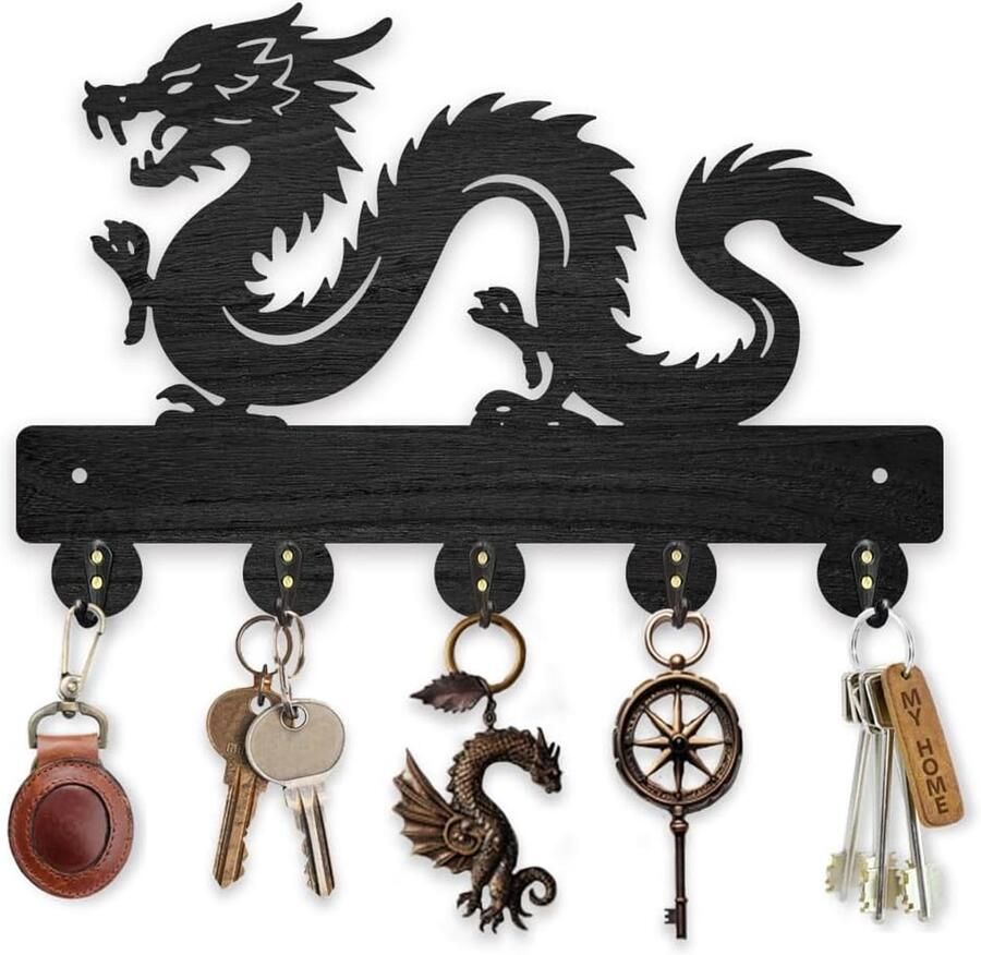 Houten Chinese Loong Sleutelhanger Draak Patroon Kapstok Wandgemonteerd 30x20cm Dieren Thema Sleutelkastje Zwart Kunst Hoed Haak met 5 Legering Haken voor Entree Slaapkamer Woonkamer