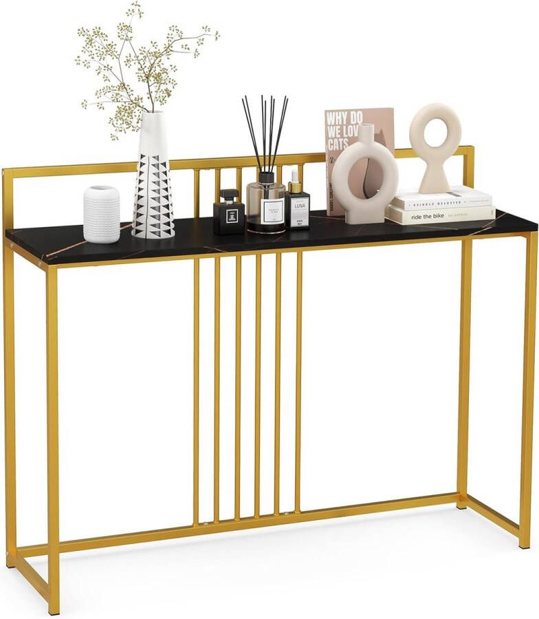 Houten consoletafel met marmerlook bijzettafel met goudkleurig metalen frame gangtafel modern 120 x 32 5 x 88 cm (zwart)