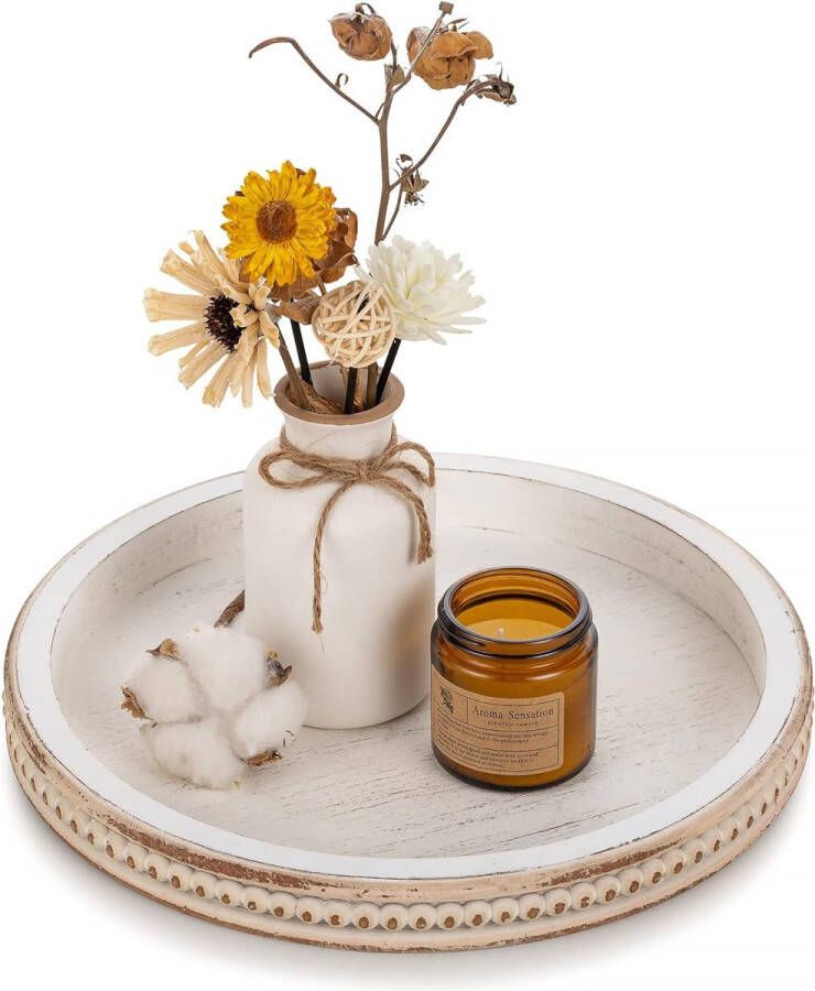 Houten Decoratieve Lade Ronde: Wit Gewassen Kraal Lade Voor Salontafel Rustieke Houten Dienbladen Decor Boerderij Keuken Vintage Centerpiece voor Woonkamer Thuis Badkamer Organizer