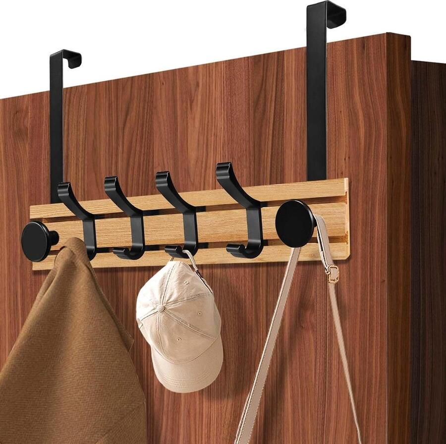 Houten deurhaak met 6 haken Op te hangen deurkapstok voor binnendeur Zonder boren Voor kleding handdoeken hoeden Badkamer hal slaapkamer Tot 2 cm deurdikte