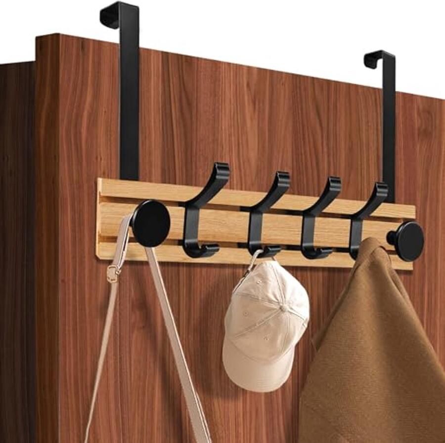 Houten Deurkapstok met 6 Haken voor Binnen Deurhaken zonder Boren voor Kleding Handdoeken en Hoeden
