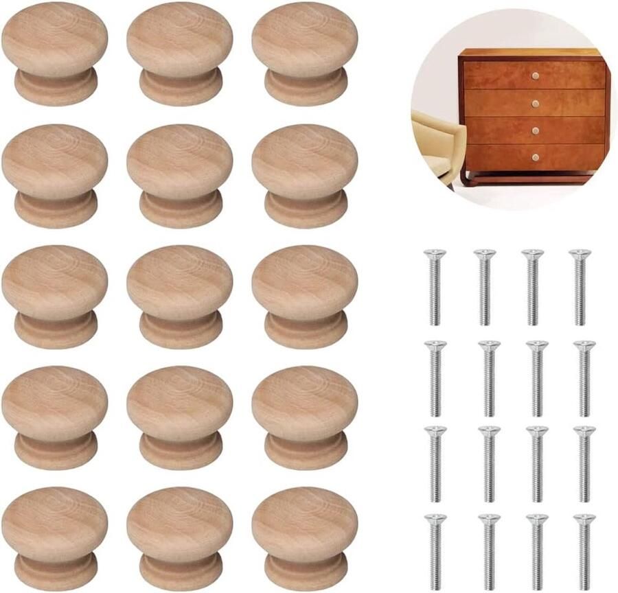 HIQE-FL Houten deurladegrepen 15 stuks meubelknoppen houten ladegreep houten knoppen handgrepen meubelknoppen kastknoppen met schroeven knoppen voor kasten en laden rond hout