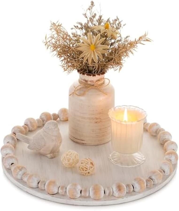 Houten dienblad decoratie dienblad rond: vintage wit gewassen decoratieve dienblad met houten kralen rand voor tafel keuken klein hout rond dienblad voor kaarsen tafeldecoratie 30cm wit