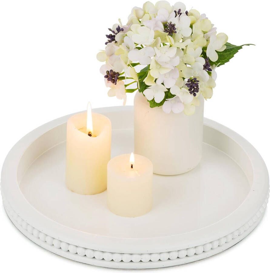 Houten dienblad decoratief dienblad rond: wit decoratief dienblad hout met kralenrand modern dienblad boho wit dienblad ronde kaarsen houten dienblad voor keuken tafel