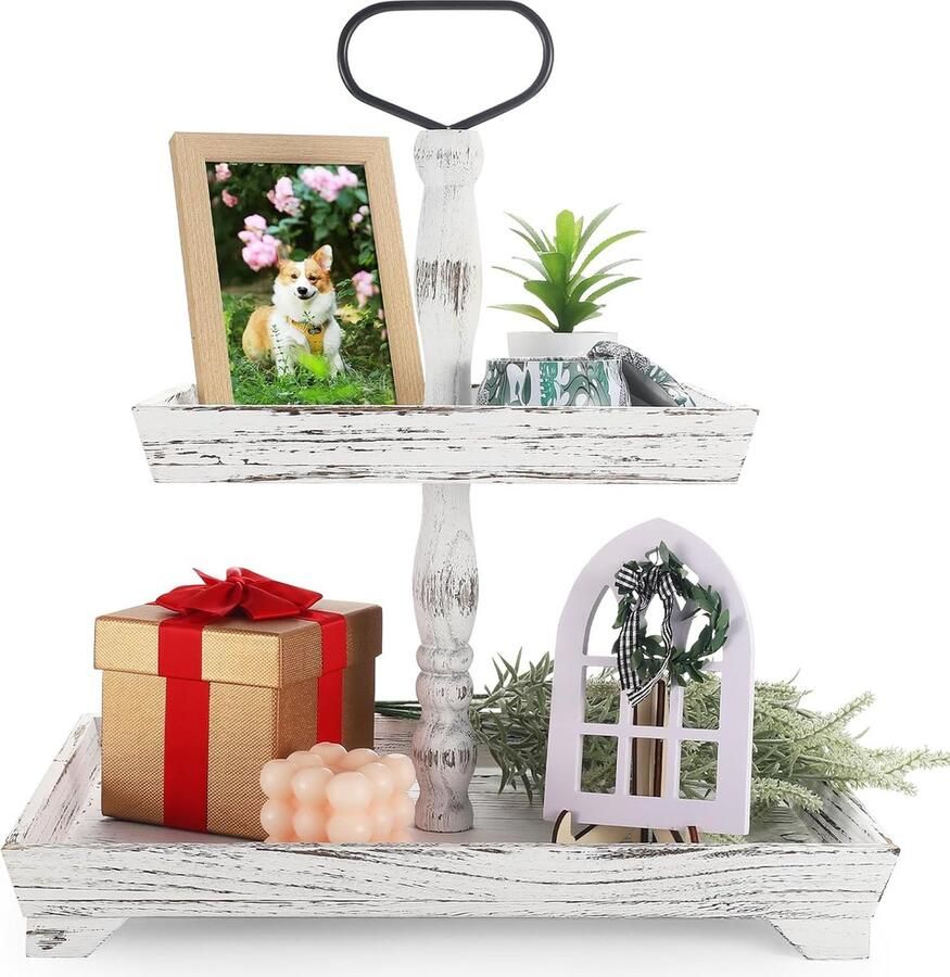 Houten dienblad dubbellaags vierkant dienblad hout boerderij decoratief dienblad voor thuis keuken plank eettafel seizoensgebonden feestdecoratie (wit)