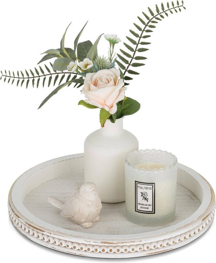 Houten dienblad rond decoratief dienblad: vintage wit shabby hout dienblad kaarsendienblad decoratief dienblad decoratieve plaat voor kaarsen keuken tafel hart decoratie